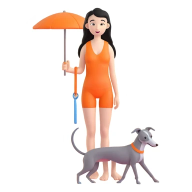 Slim Chinese woman with long black hair in appropriate beach attire at the beach with her completely solid grey Italian greyhound, ocean and sand visible, the dog has absolutely no white markings anywhere sticker