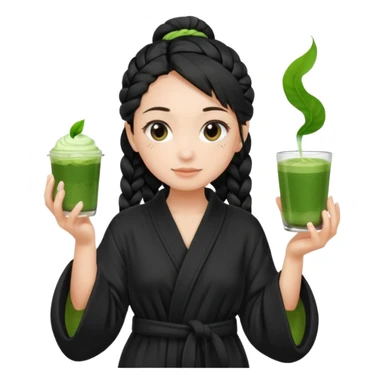 Fair skinned girl, black one braid hair wearing black bathrobe, holding a matcha sticker