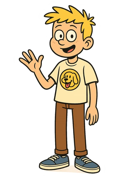 A boy yellow hair dog mascot logo t-shirts brown trousers blue vans shoe  sticker