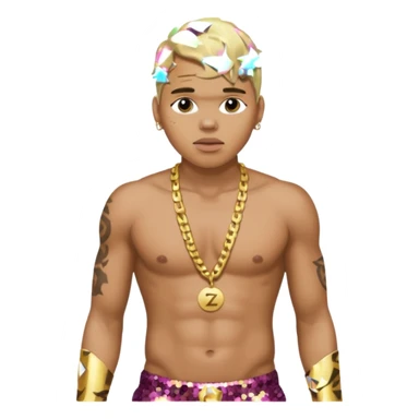 Chris Brown with blonde hair, dark brown sequin baggy pants, shirtless with necklace sticker