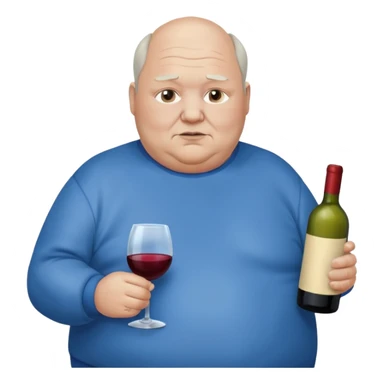 Morbidly obese older man dark hair balding with blue sweatshirt holding bottle of wine sticker