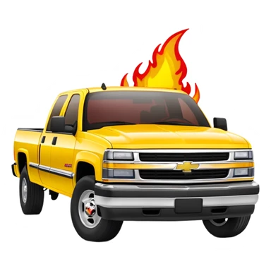 Bright yellow 1997 Chevrolet C-2500 Crew Cab Silverado from Kill Bill with red flame decals on the front hood, 30-degree view showing flames clearly, iOS emoji style sticker