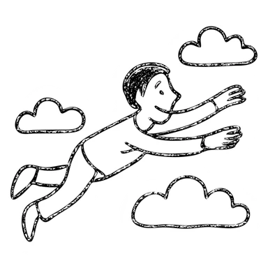 man flying in the clouds, hand drawn outlined icon sticker