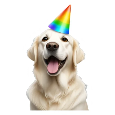 White golden retriever wearing multicolor party hat sticker