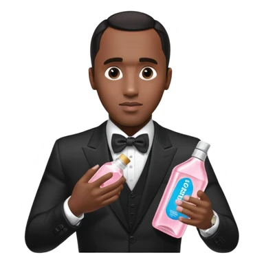 A realistic product shot of a transparent bottle of Johnson’s Baby Oil by Johnson & Johnson, featuring a soft pink label. The oil inside is crystal clear and glossy. Sean "Diddy" Combs in black suit is holding the bottle sticker