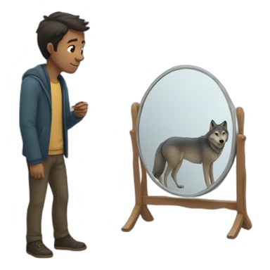 Picture of a man looking at a mirror and seeing a wolf sticker