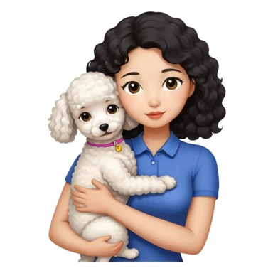 Asian girl with slim figure, small face, big eyes, wavy black hair, wearing a bodycon shirt is hugging a slightly fat white poodle sticker
