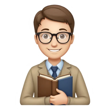 English teacher holding a book, smiling, wearing glasses sticker