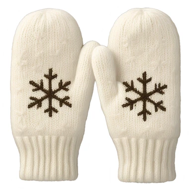 A pair of creme cozy knitted white mittens with a snowflake design sticker