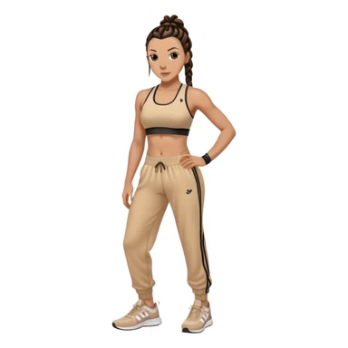 Melanie chisholm with dark brown french braids, wearing a sports bra and track pants with sneakers sticker