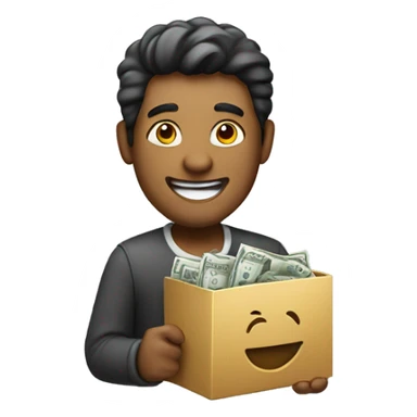 cheerful man with money working on a mac sticker