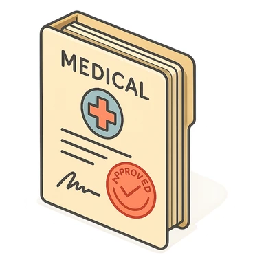 first page of medical history folder with stamp and signature, 2D isometric style, clean outlines, highly detailed drawing, shadows and highlights, soft lighting, transparent background sticker