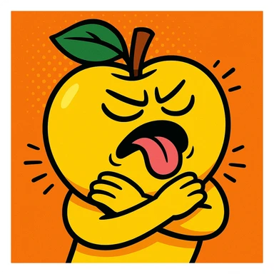 yellow apple, arms crossed around itself as if choking, closed eyes, tongue out, vibrant toon style sticker