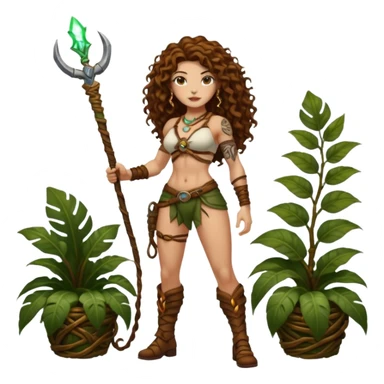 full body woman long curly brown hair brown eyes white skin tattoos muscular build jungle treasure hunter outfit, vine whip, glowing relic sticker