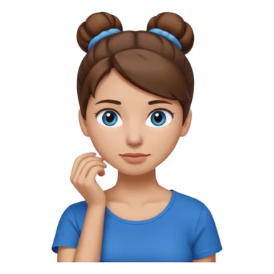 apple style emoji of a woman with brown hair in a bun, blue eyes, holding her neck as if it hurts, wearing a black T-shirt sticker