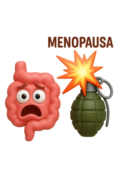 EMOJI STILE IPHONE 3D DI INTESTINO 3D CON ESPRESSIONE SPAVENTATA IN VOLTO MENTRE ACCANTO A LUI SCOPPIA UNA GRANATA 3D CON LA SCRITTA "MENOPAUSA" SOPRA, FAGLI ANCHE LA PARTE BIANCA DEGLI OCCHI, NON SOLO LA PUPILLA sticker