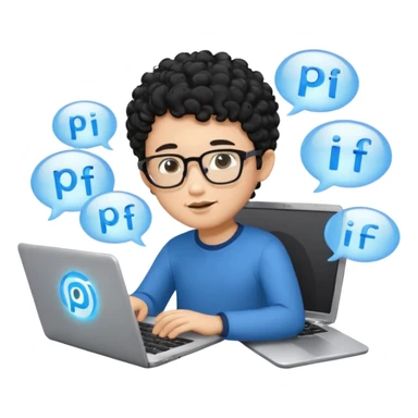 A young boy DEVELOPER WITH A laptop, black curly short hair, wearing glasses, a thin goatee, his skin is asian

Add the word "PIF" floating around him sticker