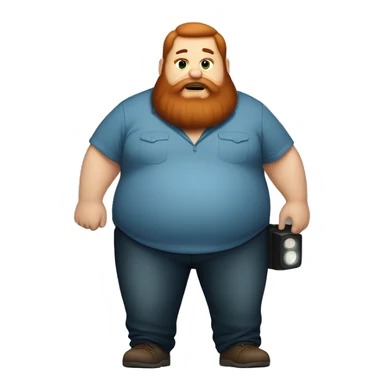 caseoh, man, very fat, 500lbs, red hair, long beard, full body, holding a flashlight sticker