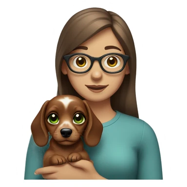 Two sisters, both with brown hair, one with glasses, and green eyes, and one with blue eyes. They both hold a mini sausage dog in their hands sticker