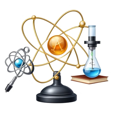 An icon featuring an atom, a physics book, and a pendulum, symbolizing physics. The design includes a microscope, a compass, and light rays, representing the study of energy, forces, and matter. Transparent background highlights scientific exploration and physical laws. sticker