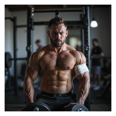 European powerlifter in weight room, with prominent shoulder bandage, determined but pained look, continuing to train with light weights, resilience atmosphere, realistic details, gym background. sticker