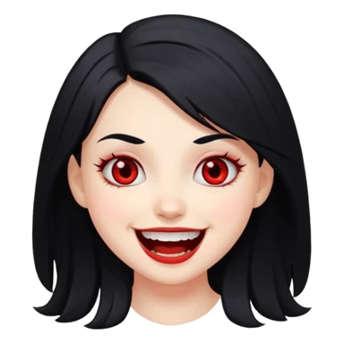 white girl with black hair and red eyes, cute face, scary face laughing sticker