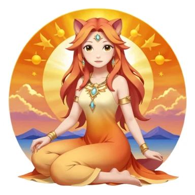 Sun-kissed Sunset-Gradient Celestial Flaring Warm Hot Feminine Beautiful Elegant Pretty Sun-Pyroar-Solgaleo-Suicune-Meloetta-Goddess-Lioness-Fakémon-Digimon-hybrid-fusion with closed relaxed eyes and symmetry and sitting on a cloud pastel divine dress beauty   sticker
