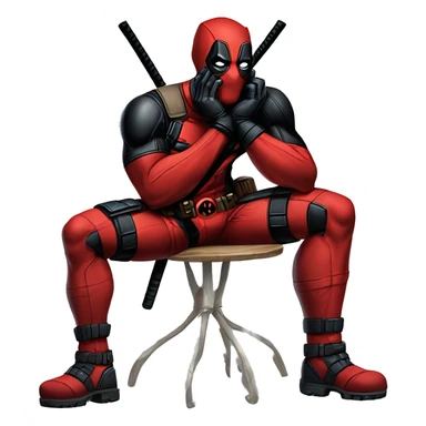 like the character Deadpool but named and drawn as Threadpool, sitting with one leg out and one hand under chin sticker