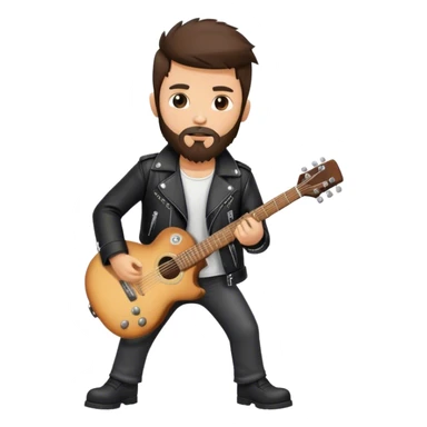A rocker brunette boy with a beard a guitar, leather jacket  sticker