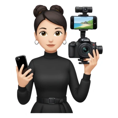 middle aged woman photographer with dark hair, slicked back in a bun, wearing black clothes, carrying a canon r5 and an iPhone on a gimbal sticker