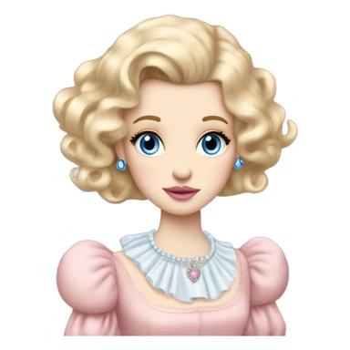 girl blonde hair pale skin blue eyes. Pink lips blush (but not too much). Vintage blowout with long hair not too curly.  light pink princess dress, puffed sleeves, dainty choker necklace (think Versailles but not too much). She has tears in her eyes sticker