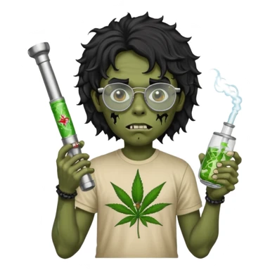 black wavy haired zombie getting stoned with weed t shirt and bong on his hand and wearing chrome hearts glasses sticker