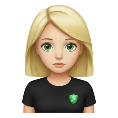 Girl with green eyes, blonde with straight medium length hair, and front buckles to the chin, in a black skims t-shirt sticker
