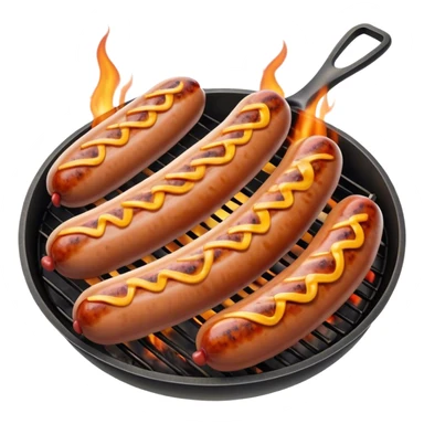 Cinematic Realistic Sausage Sizzle Dish Emoji, featuring sizzling sausages cooking over an open flame rendered with dynamic textures and warm, smoky lighting. sticker