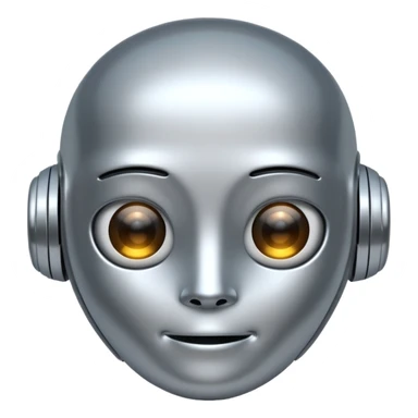 A cute futuristic robot emoji made of silver chrome, rounded friendly body, minimal facial features, glossy metallic surface, soft reflections, iOS emoji style, centered, clean white background sticker