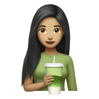 female with long black hair holding an iced matcha sticker