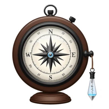 Clear glass orb with black compass needle pointing right, suspended by thin brown leather cord, bright white glowing dial face with dark rim sticker