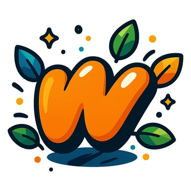 rounded, energetic Wattpad 'w' logo, thick black outline, dramatic shadows, shiny highlights, surrounded by colorful leaves, transparent background, vibrant toon style sticker