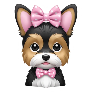 Biewer yorkie with straight ears, black and white color, pink white dotted bow between the ears sticker