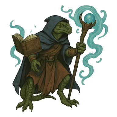 Add a floating magic book to the lizard man wizard, keeping the fantasy magical style. The image should have no background. sticker