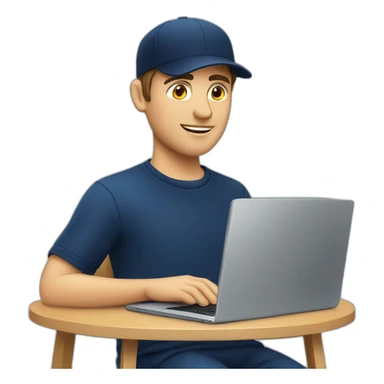 european guy wearing navy cap using laptop sticker