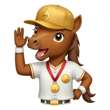 friendly anthropomorphised horse in a hip-hop outfit, wearing a gold medal and a baseball hat sticker