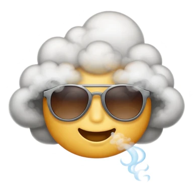 An emoji with sunglasses, exhaling a cloud of smoke.  sticker