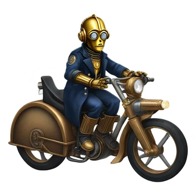 C-3PO wearing a pair of navy-blue rimmed steampunk goggles, hat, leather chaps, fringe jacket riding a fast 3 wheeler trike steampunk motorcycle on ice  sticker