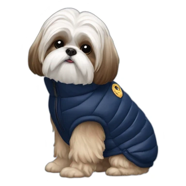 Side view White and brown Shih tzu in sleeveless navy blue puffer jacket sticker