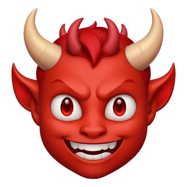 devil emoji, classic red, small horns, mischievous grin, cartoon style sticker