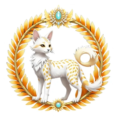 Epic complex fantasy glorious detailed futuristic divine godly angelic feathery sunny, white, albino, pastel, golden, orange glowing sparkly, realistic Fakémon-Sprigatito-Floragato-Meowscarada-Trico-Sergal-Serval-Solgaleo-Vernid-creature (full body) solarpunk, shiny sparkly with gold wreaths sticker