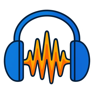 Create a flat, modern version of the Audacity logo in the style of lineal color icon with black outlines. Use a fully transparent background. Prioritize clarity and recognizability with a simple and minimalistic design. The logo should feature the classic Audacity headphones and waveform, using mostly blue shades with minimal use of other colors for accents. sticker