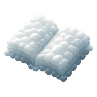 top view of a thick open book made entirely of small, very bright white fluffy convex clouds, matte glass style sticker