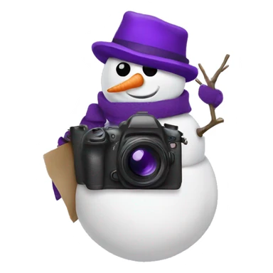 snowman holding a camera with a purple hat sticker